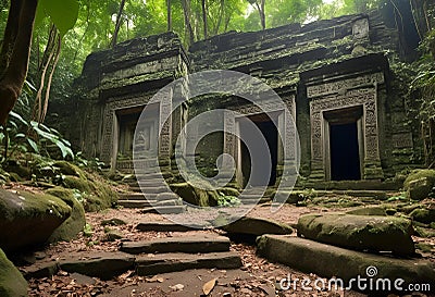 AI generated illustration of a wooden temple with multiple entrances situated in a lush jungle area Cartoon Illustration