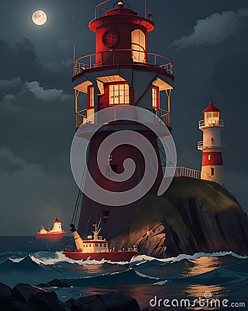 AI generated illustration of lighthouses on a rocky island guiding ships in a full moon night Cartoon Illustration