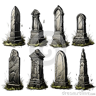 AI generated illustration of A line of headstones standing in a lush grassy field. Cartoon Illustration
