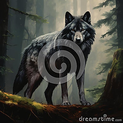 AI generated illustration of a lone grey wolf standing majestically in a forest Cartoon Illustration