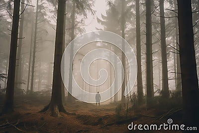 AI generated illustration of a lonely person walking through a mysterious, fog-shrouded forest Cartoon Illustration