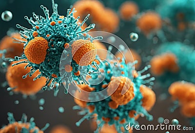 AI generated illustration of a macro of various types of microorganisms attacking cells Cartoon Illustration