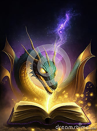 Magic book and fierce dragon Cartoon Illustration