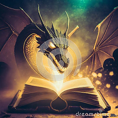 Magic book and fierce dragon Cartoon Illustration