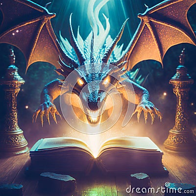 Magic book and fierce dragon Cartoon Illustration