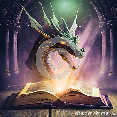 Magic book and fierce dragon Cartoon Illustration