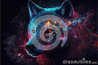 AI-generated illustration of a magical wolf with red eyes isolated on a smoky black background Cartoon Illustration