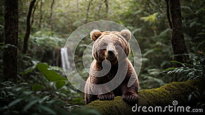 an adult brown bear in the forest sitting on a log Cartoon Illustration