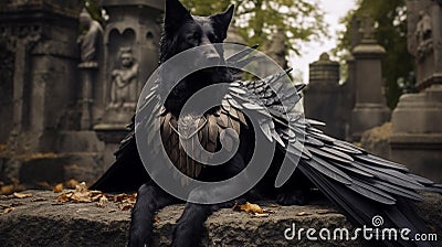 AI generated illustration of a majestic black dog with black angel wings laying on the graveyard Cartoon Illustration