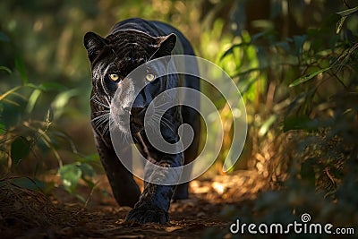 AI generated illustration of a majestic black panther strolling through a lush green forest Cartoon Illustration