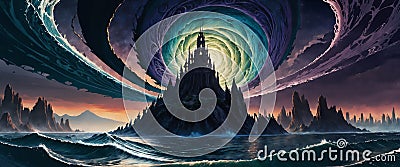 a castle surrounded by swirling ocean waves near a tower with a large spire Cartoon Illustration