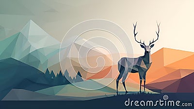 AI-generated illustration of a majestic deer standing against the backdrop of mountains, low poly Cartoon Illustration