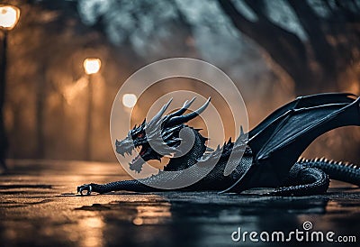 AI generated illustration of a majestic dragon lying on the ground on the street Cartoon Illustration
