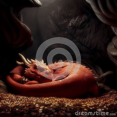 AI generated illustration of a majestic dragon sprawled out atop a pile of coins and rocks Cartoon Illustration