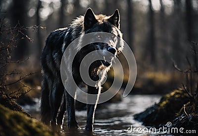 AI generated illustration of a majestic gray wolf on a large rock overlooking a peaceful river Cartoon Illustration