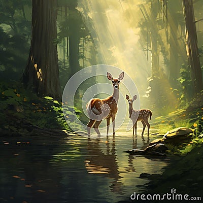 AI-generated illustration of a majestic herd of deer standing by a river at sunset Cartoon Illustration