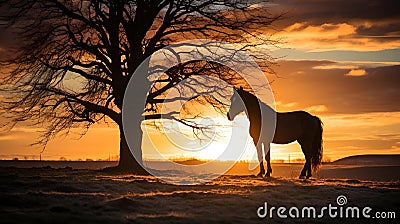AI generated illustration of a majestic horse standing against a brilliant sunset backdrop Cartoon Illustration
