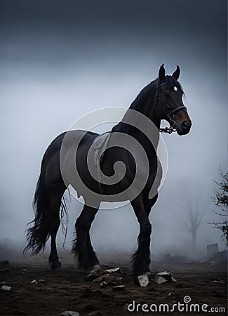 a large horse in a field on a dark cloudy day Cartoon Illustration