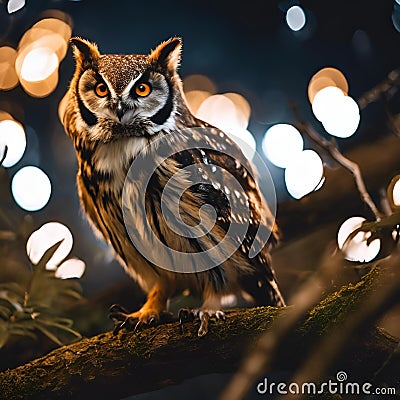 AI generated illustration of a majestic owl perches on a tree branch illuminated by vibrant lights Cartoon Illustration