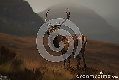 AI generated illustration of a majestic stag stands proud in the middle of a lush grassy plain Cartoon Illustration