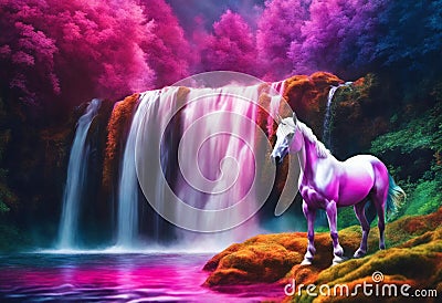 AI generated illustration of A unicorn stands in a picturesque landscape of a cascading waterfall Cartoon Illustration