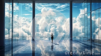 AI generated illustration of a male adult in front of a large glass window against fluffy clouds Cartoon Illustration