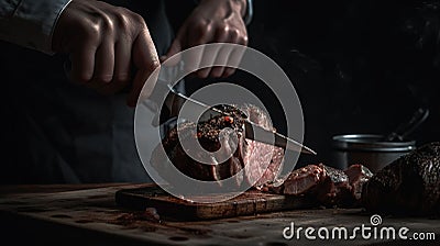 AI generated illustration of a male holding a knife and cutting a large piece of steak Cartoon Illustration