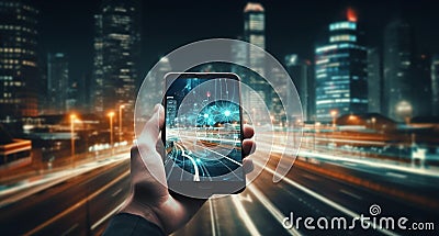 AI generated illustration of a man holding up a smartphone with a picture of a city on the screen Cartoon Illustration