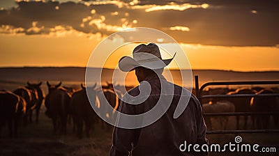 AI generated illustration of a man silhouetted against a fiery sunset, observing a herd of cattle Cartoon Illustration