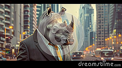 AI generated illustration of a man in urban setting wears rhino mask Cartoon Illustration