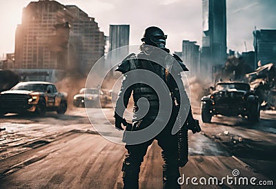 AI generated illustration of a masked soldier in a uniform on a dusty street with parked vehicles Cartoon Illustration