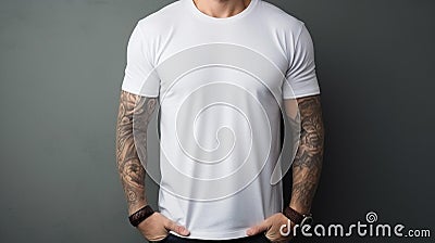 AI generated illustration of a mature man with body tattoos wearing a white shirt Cartoon Illustration