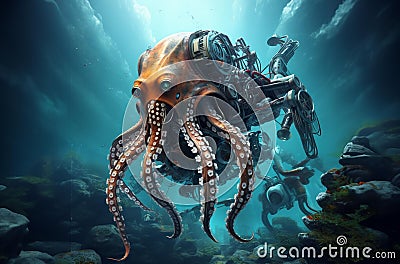 AI generated illustration of a mechanical steel octopus creature swimming underwater Cartoon Illustration