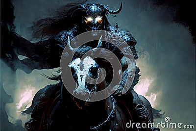 AI generated illustration of a medieval dark night riding a horse with metal mask at night Cartoon Illustration