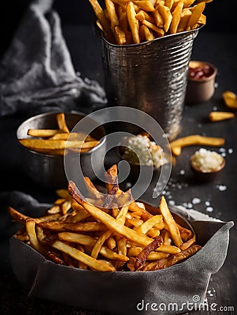 AI generated illustration of metal buckets, each filled with golden-brown French fries Cartoon Illustration