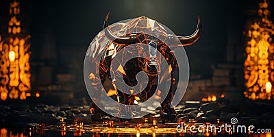 AI generated illustration of a metallic bull sculpture in glowing light Cartoon Illustration