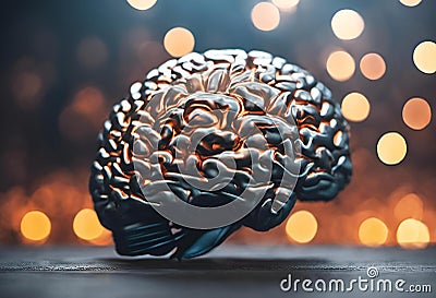 AI generated illustration of a metallic sculpture of a human brain resting on a solid surface Cartoon Illustration