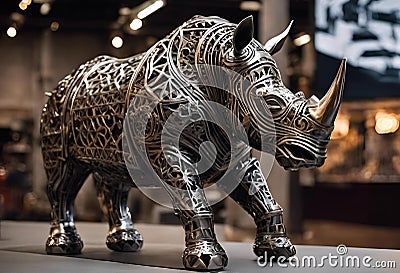 AI generated illustration of a metallic sculpture of a rhinoceros Cartoon Illustration