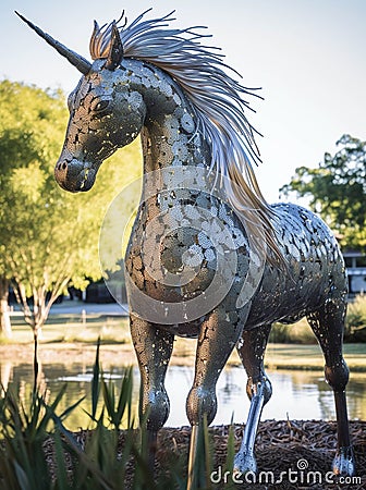 AI generated illustration of a metallic statue of a horse, standing in near a pond Cartoon Illustration