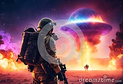 a soldier with a rifle and a spaceship in the background Cartoon Illustration