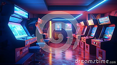 AI generated illustration of a modern game room with gaming consoles and chairs Cartoon Illustration