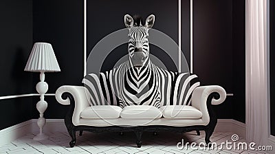 AI generated illustration of a modern living room interior with a unique black and white zebra sofa Cartoon Illustration