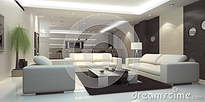 AI generated illustration of modern living space features all-white design, with stylish furniture Cartoon Illustration