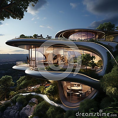 AI-generated illustration of a modern spiral-shaped house on a mountain surrounded by lush trees Cartoon Illustration
