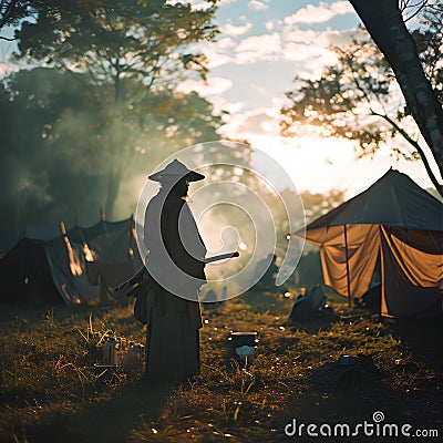 a monk stands with a sword at sunset in an outdoor market Cartoon Illustration