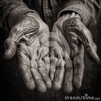 AI generated illustration of monochrome close-up of an elderly person's hands Cartoon Illustration