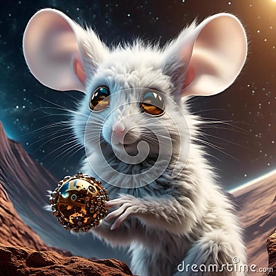 AI generated illustration of a mouse grasping a metallic sphere Cartoon Illustration