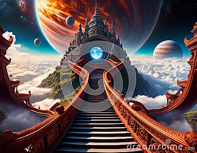 a stairway leading to a mysterious space station, surrounded by mountains Cartoon Illustration