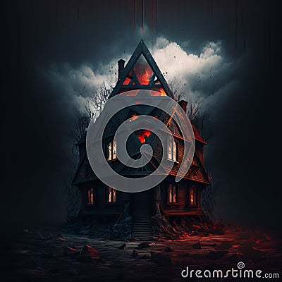 AI-generated illustration of a mysterious wooden house in a field under the dark clouds at night Cartoon Illustration