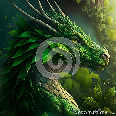 AI-generated illustration of a mystical dragon with vibrant green leaves. Cartoon Illustration